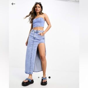 ASOS denim bandeau and midi skirt set